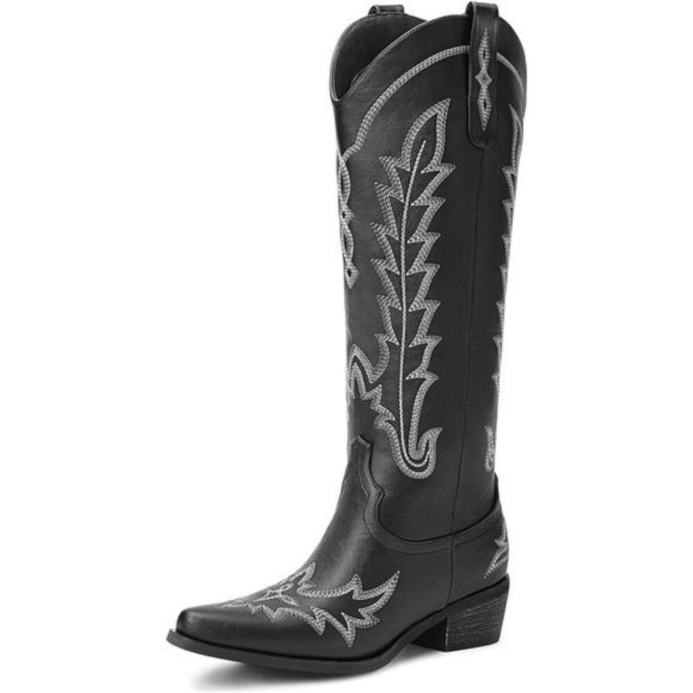 Cowboy Boots for Women - Knee High Pointed Toe Chunky Heel Pull On Zipper